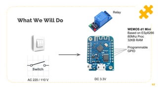 What We Will Do
12
WEMOS d1 Mini
Based on ESp8266
80Mhz Proc
32KB RAM
Programmable
GPIO
AC 220 / 110 V DC 3.3V
Relay
 