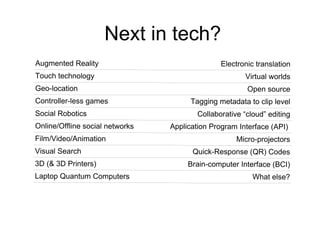Next in tech? Augmented Reality Electronic translation Touch technology Virtual worlds Geo-location Open source Controller-less games Tagging metadata to clip level Social Robotics Collaborative “cloud” editing Online/Offline social networks Application Program Interface (API)  Film/Video/Animation Micro-projectors Visual Search Quick-Response (QR) Codes 3D (& 3D Printers) Brain-computer Interface (BCI) Laptop Quantum Computers What else? 