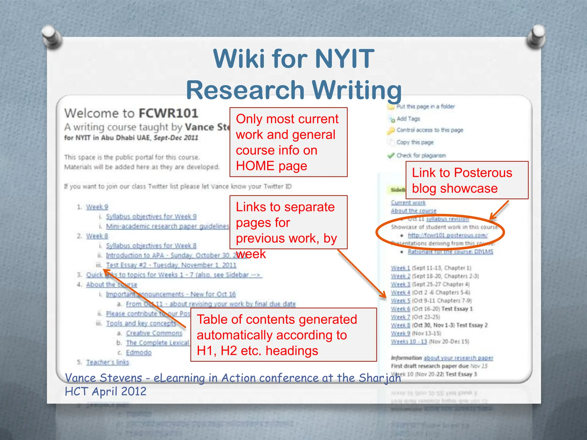 Wiki for NYIT
                     Research Writing
                               Only most current
                               work and general
                               course info on
                               HOME page
                                                                Link to Posterous
                                                                blog showcase
                               Links to separate
                               pages for
                               previous work, by
                               week




                       Table of contents generated
                       automatically according to
                       H1, H2 etc. headings

Vance Stevens - eLearning in Action conference at the Sharjah
HCT April 2012
 