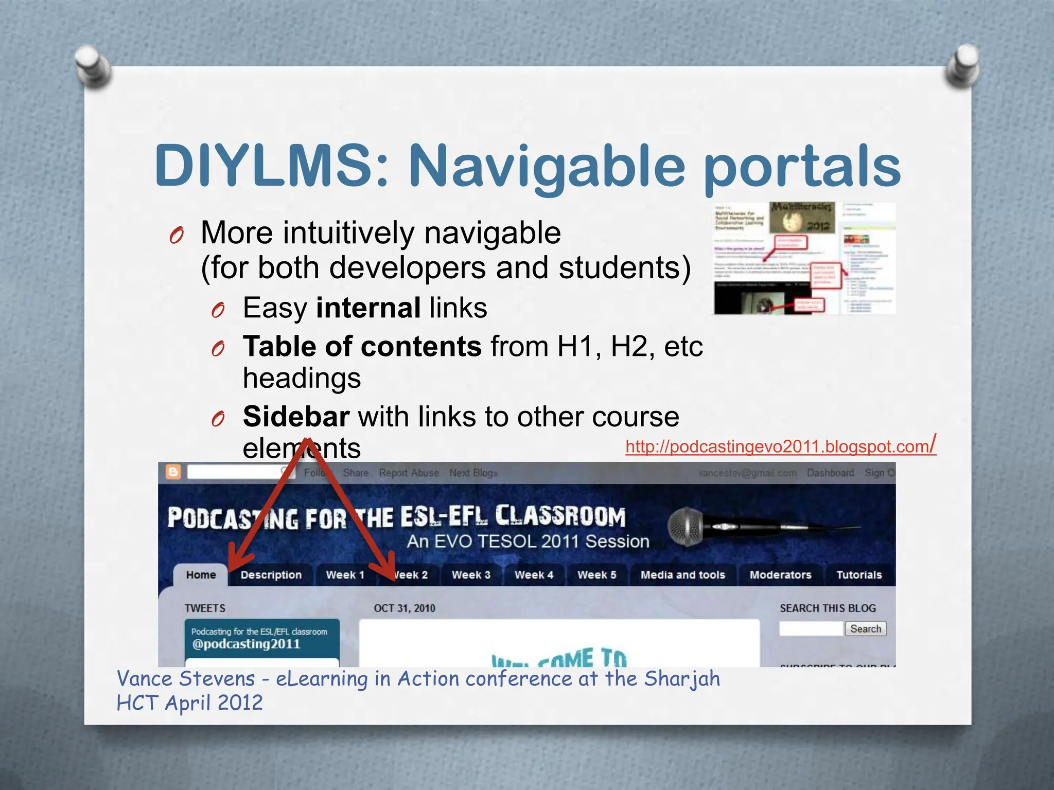 DIYLMS: Navigable portals
     O More intuitively navigable
        (for both developers and students)
         O Easy internal links
         O Table of contents from H1, H2, etc
           headings
         O Sidebar with links to other course
           elements                      http://podcastingevo2011.blogspot.com/

         O Tabs (in Blogger, for example)




Vance Stevens - eLearning in Action conference at the Sharjah
HCT April 2012
 