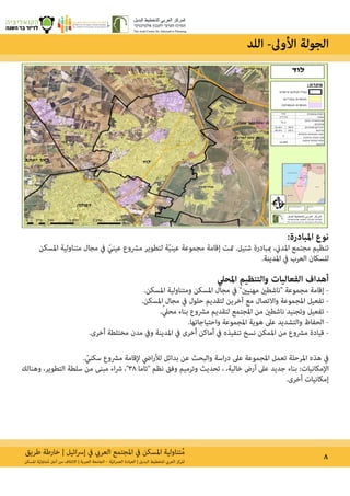 ‫طريق‬ ‫خارطة‬ | ‫ائيل‬‫رس‬‫إ‬ ‫يف‬ ‫العريب‬ ‫املجتمع‬ ‫يف‬ ‫املسكن‬ ‫تناولية‬ُ‫م‬ 8‫املسكن‬ ‫ة‬ّ‫ي‬‫تناول‬ُ‫م‬ ‫أجل‬ ‫من‬ ‫االئتالف‬ | ‫العربية‬ ‫الجامعة‬ – ‫ة‬ّ‫ي‬‫ان‬‫ر‬‫العم‬ ‫العيادة‬ | ‫البديل‬ ‫للتخطيط‬ ‫العريب‬ ‫املركز‬
:‫املبادرة‬ ‫نوع‬
‫املسكن‬ ‫متناولية‬ ‫مجال‬ ‫يف‬ ّ‫عيني‬ ‫مرشوع‬ ‫لتطوير‬ ‫ة‬ّ‫ي‬‫عين‬ ‫مجموعة‬ ‫إقامة‬ ‫متت‬ .‫شتيل‬ ‫مببادرة‬ ،‫املدين‬ ‫مجتمع‬ ‫تنظيم‬
.‫املدينة‬ ‫يف‬ ‫العرب‬ ‫للسكان‬
‫املحيل‬ ‫والتنظيم‬ ‫الفعاليات‬ ‫أهداف‬
.‫املسكن‬ ‫ومتناولية‬ ‫املسكن‬ ‫مجال‬ ‫يف‬ ‫مهنيني״‬ ‫״ناشطني‬ ‫مجموعة‬ ‫إقامة‬ -
.‫املسكن‬ ‫مجال‬ ‫يف‬ ‫حلول‬ ‫لتقديم‬ ‫آخرين‬ ‫مع‬ ‫واالتصال‬ ‫املجموعة‬ ‫تفعيل‬ -
.ّ‫يل‬‫مح‬ ‫بناء‬ ‫مرشوع‬ ‫لتقديم‬ ‫املجتمع‬ ‫من‬ ‫ناشطني‬ ‫وتجنيد‬ ‫تفعيل‬ -
.‫واحتياجاتها‬ ‫املجموعة‬ ‫هوية‬ ‫عىل‬ ‫والتشديد‬ ‫الحفاظ‬ -
.‫أخرى‬ ‫مختلطة‬ ‫مدن‬ ‫ويف‬ ‫املدينة‬ ‫يف‬ ‫أخرى‬ ‫أماكن‬ ‫يف‬ ‫تنفيذه‬ ‫نسخ‬ ‫املمكن‬ ‫من‬ ‫مرشوع‬ ‫قيادة‬ -
. ّ‫سكني‬ ‫مرشوع‬ ‫إلقامة‬ ‫ايض‬‫ر‬‫لأل‬ ‫بدائل‬ ‫عن‬ ‫والبحث‬ ‫اسة‬‫ر‬‫د‬ ‫عىل‬ ‫املجموعة‬ ‫تعمل‬ ‫املرحلة‬ ‫هذه‬ ‫يف‬
‫وهنالك‬ ،‫التطوير‬ ‫سلطة‬ ‫من‬ ‫مبنى‬ ‫اء‬‫رش‬ ،‫83״‬ ‫״تاما‬ ‫نظم‬ ‫وفق‬ ‫وترميم‬ ‫تحديث‬ ، ،‫خالية‬ ‫أرض‬ ‫عىل‬ ‫جديد‬ ‫بناء‬ :‫اإلمكانيات‬
.‫أخرى‬ ‫إمكانيات‬
‫اللد‬ -‫األوىل‬ ‫الجولة‬
 