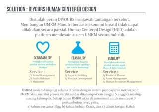Solution : D!YOURS HUMAN CENTERED DESIGN
Disinilah peran D!YOURS menjawab tantangan tersebut.
Membangun UMKM Mandiri berbasis ekonomi kreatif tidak dapat
dilakukan secara parsial. Human Centered Design (HCD) adalah
platform mendesain sistem UMKM secara holistik.
UMKM akan didampingi selama 3 tahun dengan sistem pembayaran mikrokredit.
UMKM akan melalui proses verifikasi dan dikelompokkan dengan 5 anggota masing-
masing kelompok. Setiap tahun UMKM akan di assesment untuk mencapai 3
pertumbuhan level, yaitu:
a) tahun pertama : Egg, b) tahun kedua : Crack, dan c) tahun ketiga : Hatch
Service :
// Brand Management
// Public Relation
// Marcomm
Service :
// Capacity Building
// Product Development
Service :
// Financial Planner
// Asset Management
// Human Resources Management
Peningkatan kualitas
produk melalui perbaikan
persepsi
Peningkatan kualitas
produk melalui pendeka-
tan teknis & teknologi
DESIREABILITY FEASIBILITY VIABILITY
Peningkatan kualitas
produk melalui aspek
bisnis & keberlanjutan
 
