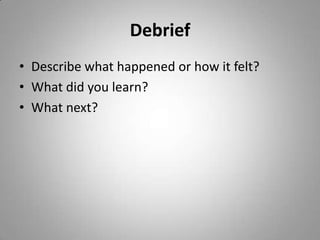 DebriefDescribe what happened or how it felt?What did you learn?What next?