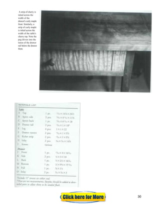 A strip of cherry is
inlaid across the
width of the
drawer's curly maple
front. Similarly, a
strip of curly maple
is inlaid across the
width of the table's
cherry top. Note the
peg driven into the
tenon of the drawer
rail below the drawer
front.
30
 
