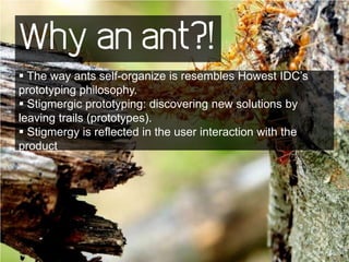 Why an ant?!
 The way ants self-organize is resembles Howest IDC’s
prototyping philosophy.
 Stigmergic prototyping: discovering new solutions by
leaving trails (prototypes).
 Stigmergy is reflected in the user interaction with the
product
 