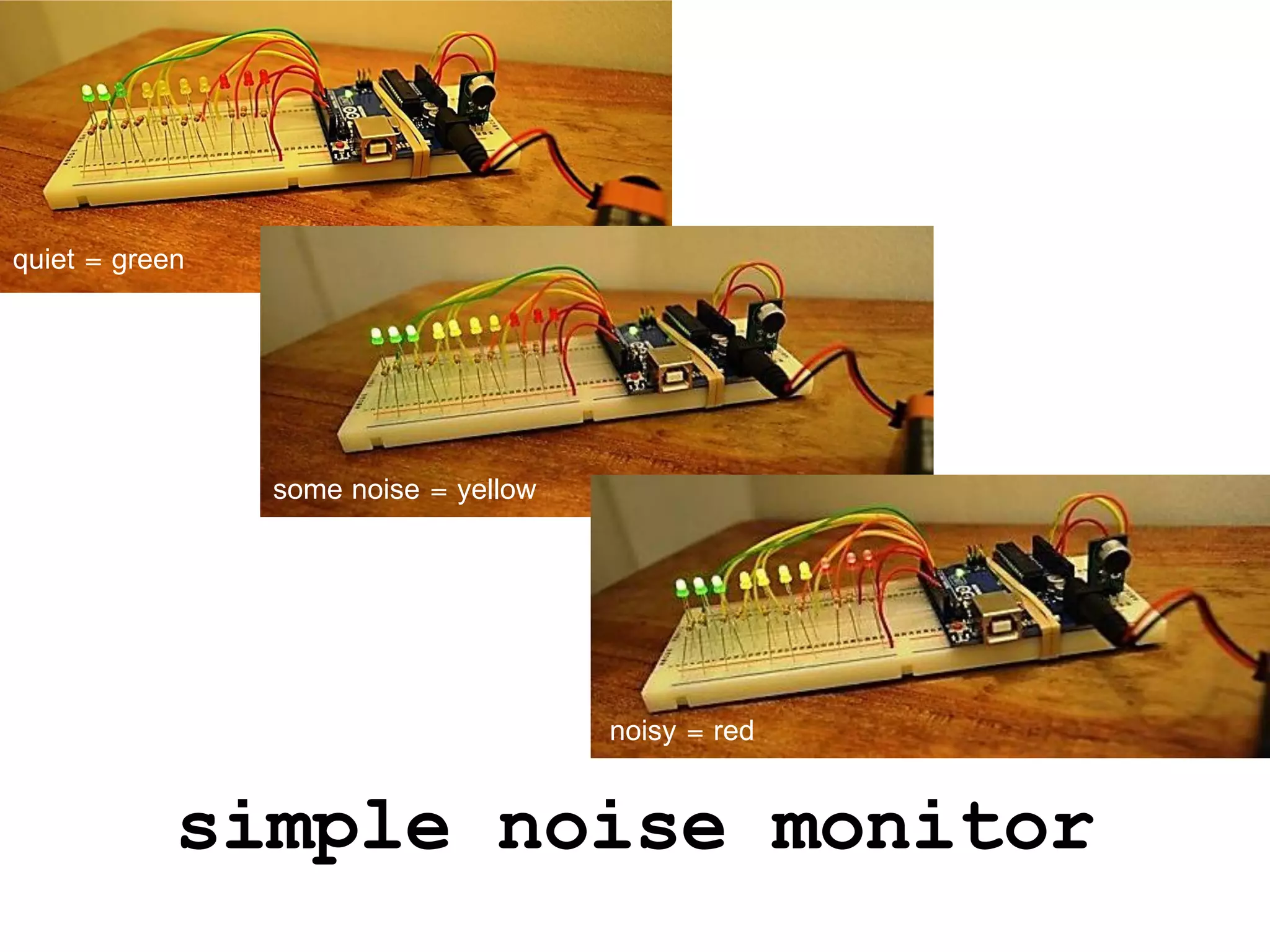 quiet = green




                some noise = yellow




                                      noisy = red


            simple noise monitor
 