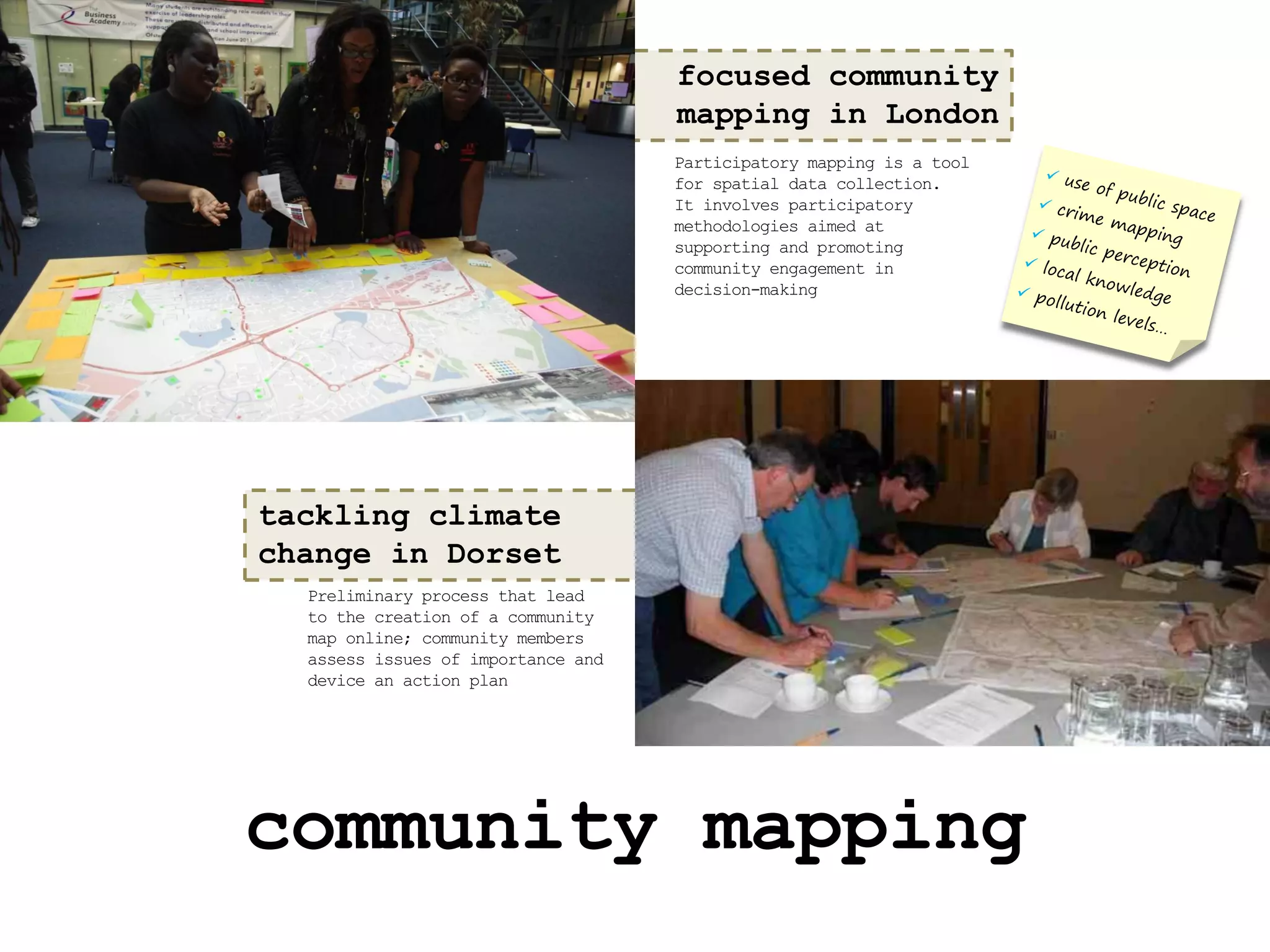 focused community
                                    mapping in London
                                    Participatory mapping is a tool
                                    for spatial data collection.
                                    It involves participatory
                                    methodologies aimed at
                                    supporting and promoting
                                    community engagement in
                                    decision-making




tackling climate
change in Dorset
  Preliminary process that lead
  to the creation of a community
  map online; community members
  assess issues of importance and
  device an action plan




community mapping
 