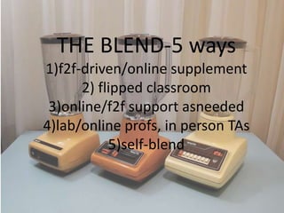 THE BLEND-5 ways
1)f2f-driven/online supplement
      2) flipped classroom
 3)online/f2f support asneeded
4)lab/online profs, in person TAs
           5)self-blend
 