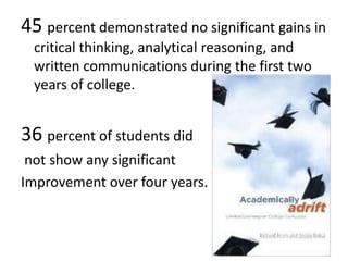 45 percent demonstrated no significant gains in critical thinking, analytical reasoning, and written communications during the first two years of college.36 percent of students did  not show any significant Improvement over four years.