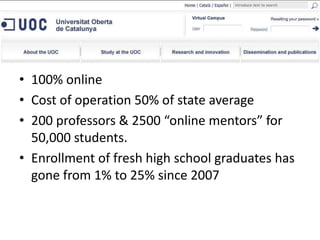 Open University of Catalunya100% onlineCost of operation 50% of state average200 professors & 2500 “online mentors” for 50,000 students.Enrollment of fresh high school graduates has gone from 1% to 25% since 2007