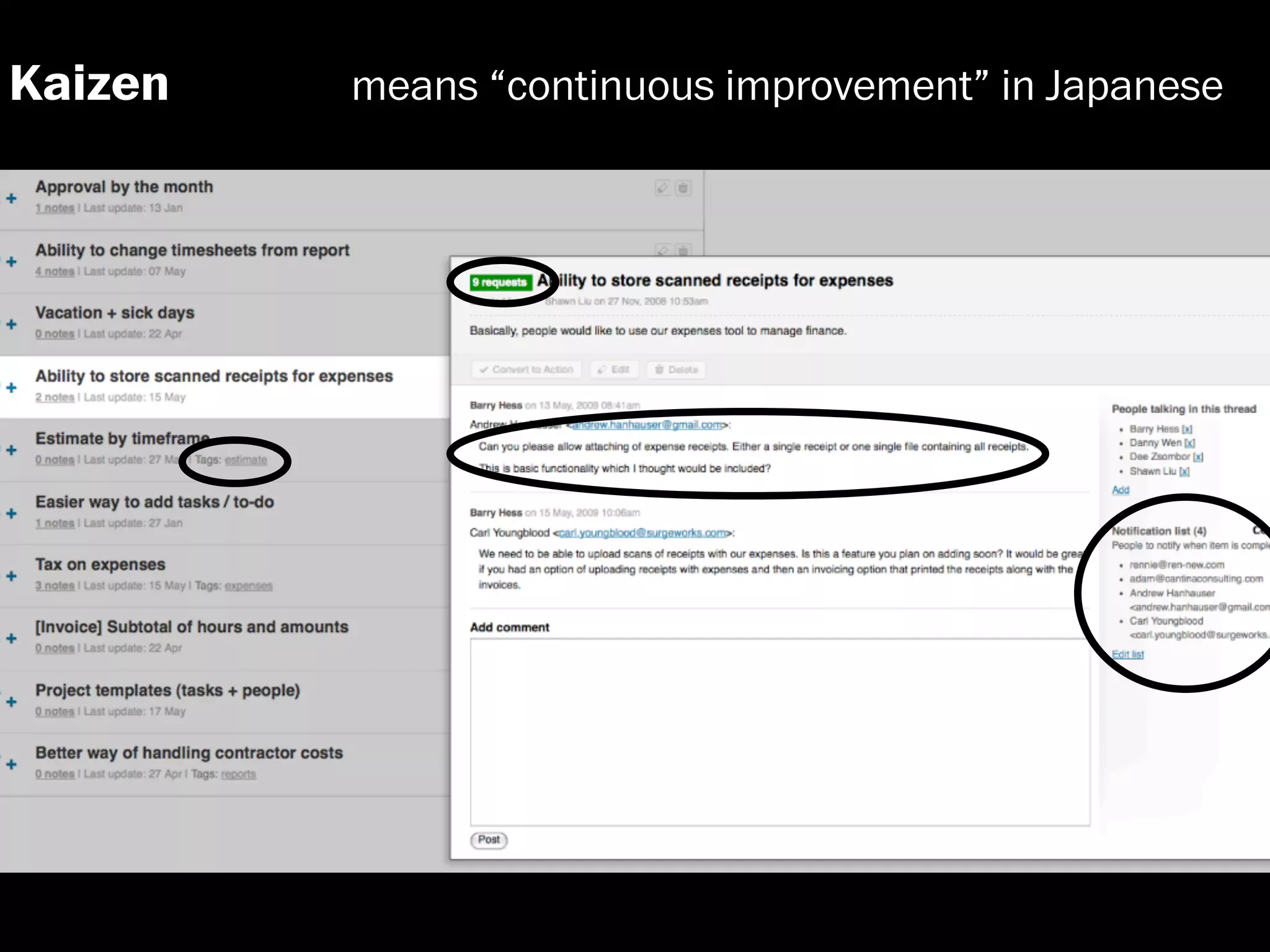 Kaizen   means “continuous improvement” in Japanese
 