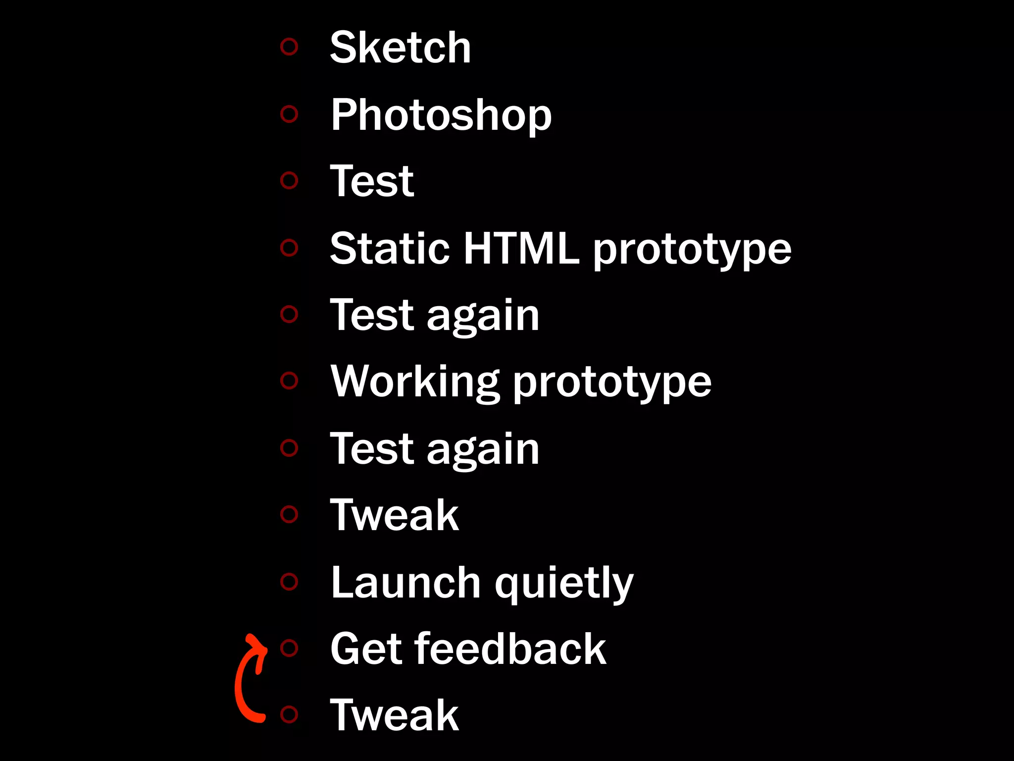 Sketch
Photoshop
Test
Static HTML prototype
Test again
Working prototype
Test again
Tweak
Launch quietly
Get feedback
Tweak
 