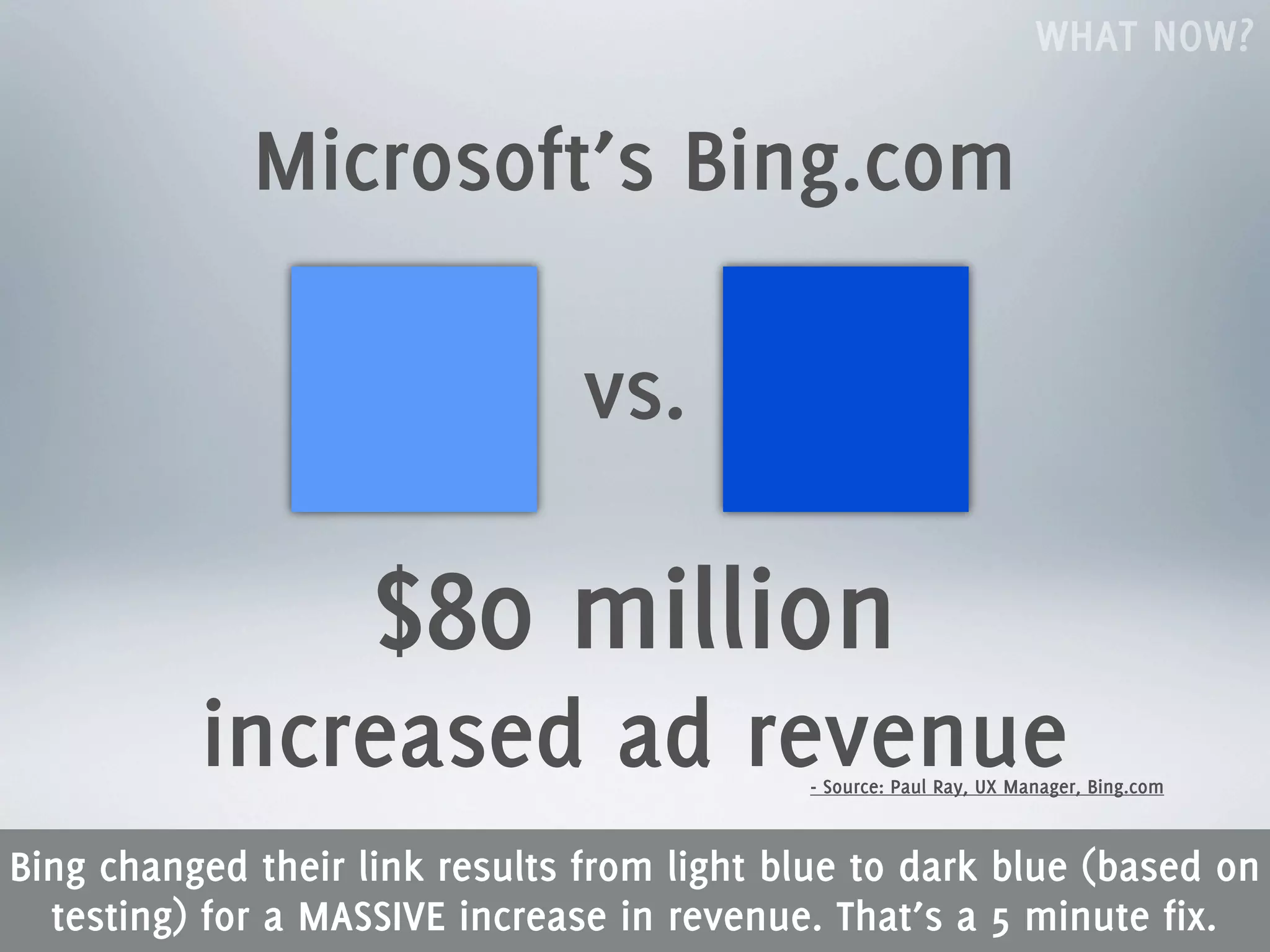 WHAT NOW?

             Microsoft’s Bing.com

                                vs.

                    $80 million
          increased ad revenue              - Source: Paul Ray, UX Manager, Bing.com



Bing changed their link results from light blue to dark blue (based on
  testing) for a MASSIVE increase in revenue. That’s a 5 minute fix.
 