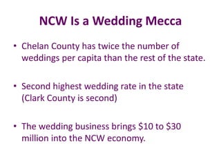 NCW Is a Wedding Mecca
• Chelan County has twice the number of
weddings per capita than the rest of the state.
• Second highest wedding rate in the state
(Clark County is second)
• The wedding business brings $10 to $30
million into the NCW economy.
 