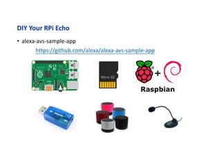 DIY Your RPi Echo
• alexa-avs-sample-app
https://github.com/alexa/alexa-avs-sample-app
 
