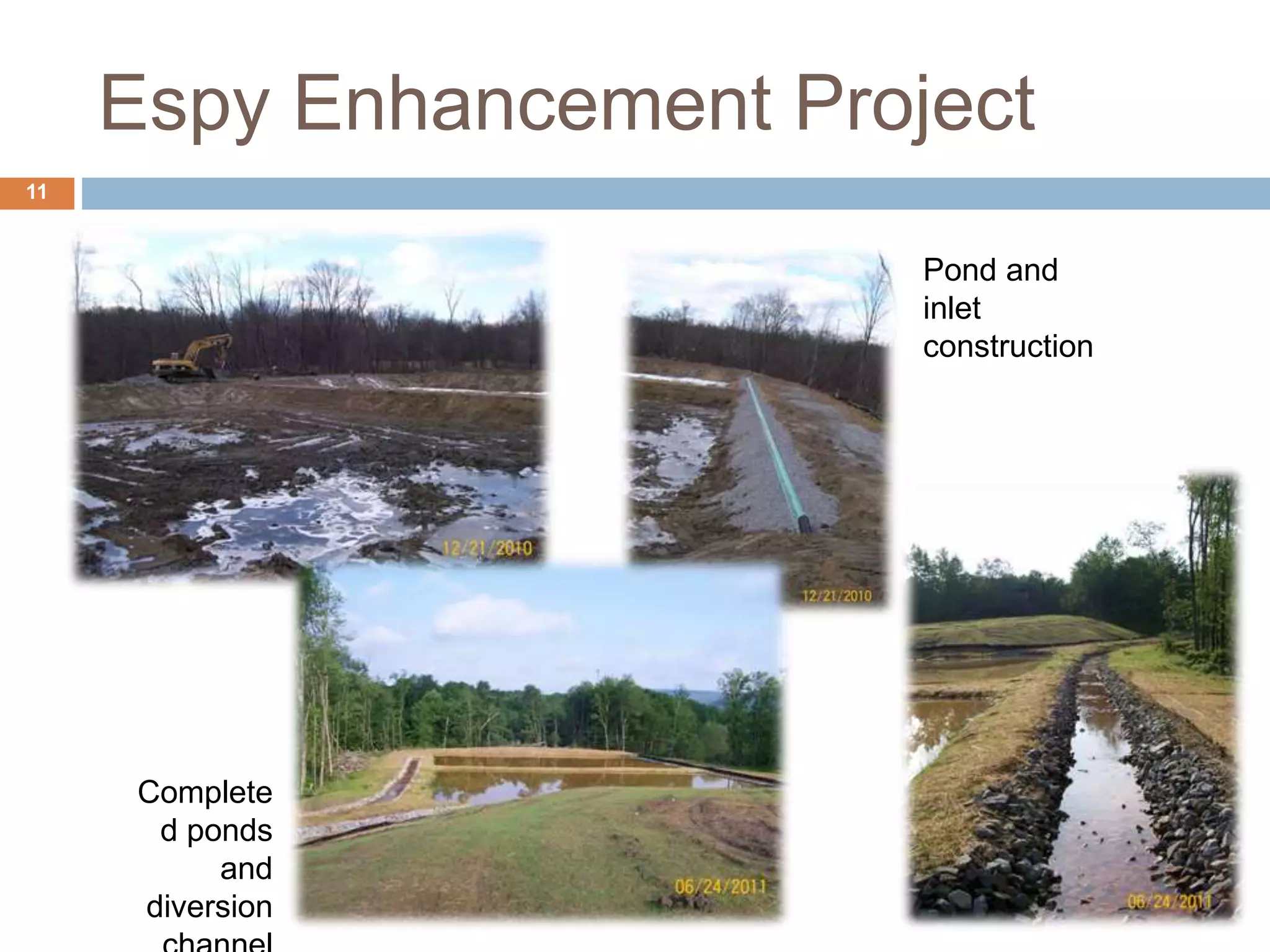Espy Enhancement Project
Pond and
inlet
construction
Complete
d ponds
and
diversion
11
 