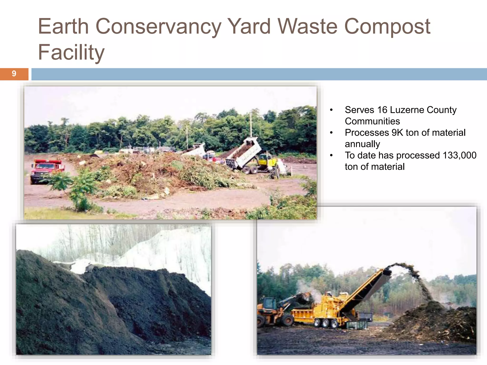 Earth Conservancy Yard Waste Compost
Facility
9
• Serves 16 Luzerne County
Communities
• Processes 9K ton of material
annually
• To date has processed 133,000
ton of material
 