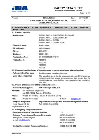 SAFETY DATA SHEET
                                                            According to the Regulation No. 1907/2006

                                                                                                  Page 1 of 13

Product                                      DIESEL FUELS                          Date:         2011/02/14
                             EURODIESEL BS CLASS, EURODIESEL BS,                   Edition:             7
                                     DIESEL, DIESEL BLUE

1. IDENTIFICATION OF THE SUBSTANCE / MIXTURE AND OF THE COMPANY /
UNDERTAKING
1.1. Product identifier
- Trade name:                            DIESEL FUEL – EURODIESEL BS CLASS
                                         DIESEL FUEL – EURODIESEL BS
                                         DIESEL FUEL – DIESEL
                                         DIESEL FUEL – DIESEL BLUE
- Chemical name:                         Fuels, diesel
- EC index no.:                          649-224-00-6
- EC no.:                                269-822-7
- CAS no.:                               68334-30-5
- Registration No.:                      01-2119484664-27-0114
- Product code:                  1000513
                                 1000299
                                 1000053
                                 1000052
1.2. Relevant identified uses of the substance or mixture and uses advised against
- Relevant identified uses:              For high-speed diesel engine drive.
- Uses advised against:           The uses that are in the list above are relevant. Other uses are
                                  not recommended unless an assessment that proves that the
                                  related risks are controlled has been conducted before starting
                                  that use.
1.3. Details of the supplier of the safety data sheet
- Manufacturer/supplier:                 INA-Industrija nafte, d.d.
Address:             Av. Većeslava Holjevca 10
                     p.p. 555, 10002 Zagreb, CROATIA
Phone:               00-385-1-6450-842 / 00-385-1-6451-075 (24 h)
Fax:                 00-385-1-6452-050                                e-mail:       sds@ina.hr
- Responsible person:                    Organisational Design and Process Management Sector
Hrvoje Raukar, B. Sc.                    Tel. 00-385-1-6450-602
Tatjana Benko, B. Sc.
1.4. Emergency Telephone Number
- Emergency Service Telephone Number:                             112
  National Protection and Rescue Directorate                      00-385-1-3650-011
  Nehajska 5, 10000 Zagreb                                        00-385-1-3650-084
  e-mail: info@duzs.hr                                            00-385-1-3650-082
                                                                  00-385-1-3650-083
- Medical Information Telephone Number:                           00-385-1-23-48-342


50000213.007.08-03
 