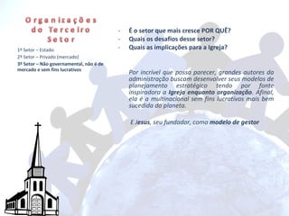 É o setor que mais cresce POR QUÊ? Quais os desafios desse setor? Quais as implicações para a Igreja? Por incrível que possa parecer, grandes autores da administração buscam desenvolver seus modelos de planejamento estratégico tendo por fonte inspiradora a  Igreja enquanto organização . Afinal, ela é a multinacional sem fins lucrativos mais bem sucedida do planeta.   E J esus , seu fundador, como  modelo de gestor 1º Setor – Estado 2º Setor – Privado (mercado) 3º Setor – Não governamental, não é de mercado e sem fins lucrativos 