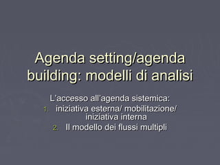 Agenda setting/agendaAgenda setting/agenda
building: modelli di analisibuilding: modelli di analisi
L’accesso all’agenda sistemica:L’accesso all’agenda sistemica:
1.1. iniziativa esterna/ mobilitazione/iniziativa esterna/ mobilitazione/
iniziativa internainiziativa interna
2.2. Il modello dei flussi multipliIl modello dei flussi multipli
 