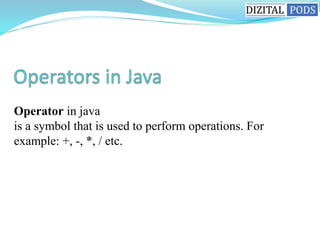 Operator in java
is a symbol that is used to perform operations. For
example: +, -, *, / etc.
 