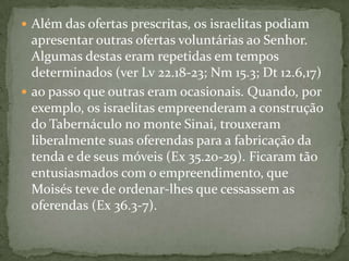 Além das ofertas prescritas, os israelitas podiam apresentar outras ofertas voluntárias ao Senhor. Algumas destas eram repetidas em tempos determinados (ver Lv 22.18-23; Nm 15.3; Dt 12.6,17)ao passo que outras eram ocasionais. Quando, por exemplo, os israelitas empreenderam a construção do Tabernáculo no monte Sinai, trouxeram liberalmente suas oferendas para a fabricação da tenda e de seus móveis (Ex 35.20-29). Ficaram tão entusiasmados com o empreendimento, que Moisés teve de ordenar-lhes que cessassem as oferendas (Ex 36.3-7).