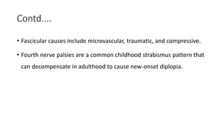 Contd....
• Fascicular causes include microvascular, traumatic, and compressive.
• Fourth nerve palsies are a common childhood strabismus pattern that
can decompensate in adulthood to cause new-onset diplopia.
 