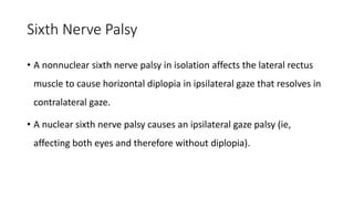 Sixth Nerve Palsy
• A nonnuclear sixth nerve palsy in isolation affects the lateral rectus
muscle to cause horizontal diplopia in ipsilateral gaze that resolves in
contralateral gaze.
• A nuclear sixth nerve palsy causes an ipsilateral gaze palsy (ie,
affecting both eyes and therefore without diplopia).
 