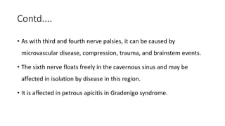 Contd....
• As with third and fourth nerve palsies, it can be caused by
microvascular disease, compression, trauma, and brainstem events.
• The sixth nerve floats freely in the cavernous sinus and may be
affected in isolation by disease in this region.
• It is affected in petrous apicitis in Gradenigo syndrome.
 