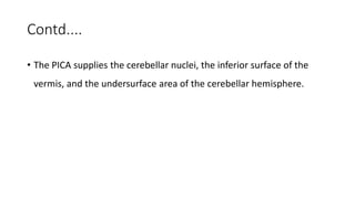 Contd....
• The PICA supplies the cerebellar nuclei, the inferior surface of the
vermis, and the undersurface area of the cerebellar hemisphere.
 