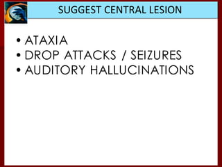 • ATAXIA
• DROP ATTACKS / SEIZURES
• AUDITORY HALLUCINATIONS
SUGGEST CENTRAL LESION
 