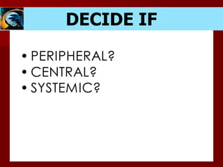 DECIDE IF
• PERIPHERAL?
• CENTRAL?
• SYSTEMIC?
 