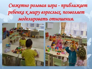 Сюжетно ролевая игра - приближает
ребенка к миру взрослых, позволяет
моделировать отношения.
 