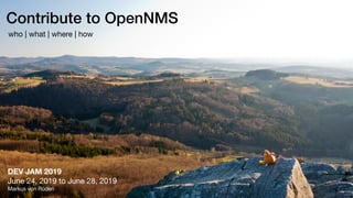 Contribute to OpenNMS
DEV JAM 2019  
June 24, 2019 to June 28, 2019

Markus von Rüden
who | what | where | how
 