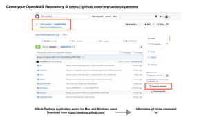 Github Desktop Application works for Mac and Windows users
Download from https://desktop.github.com/
Clone your OpenNMS Repository @ https://github.com/mvrueden/opennms
Alternative git clone command 
o/
 