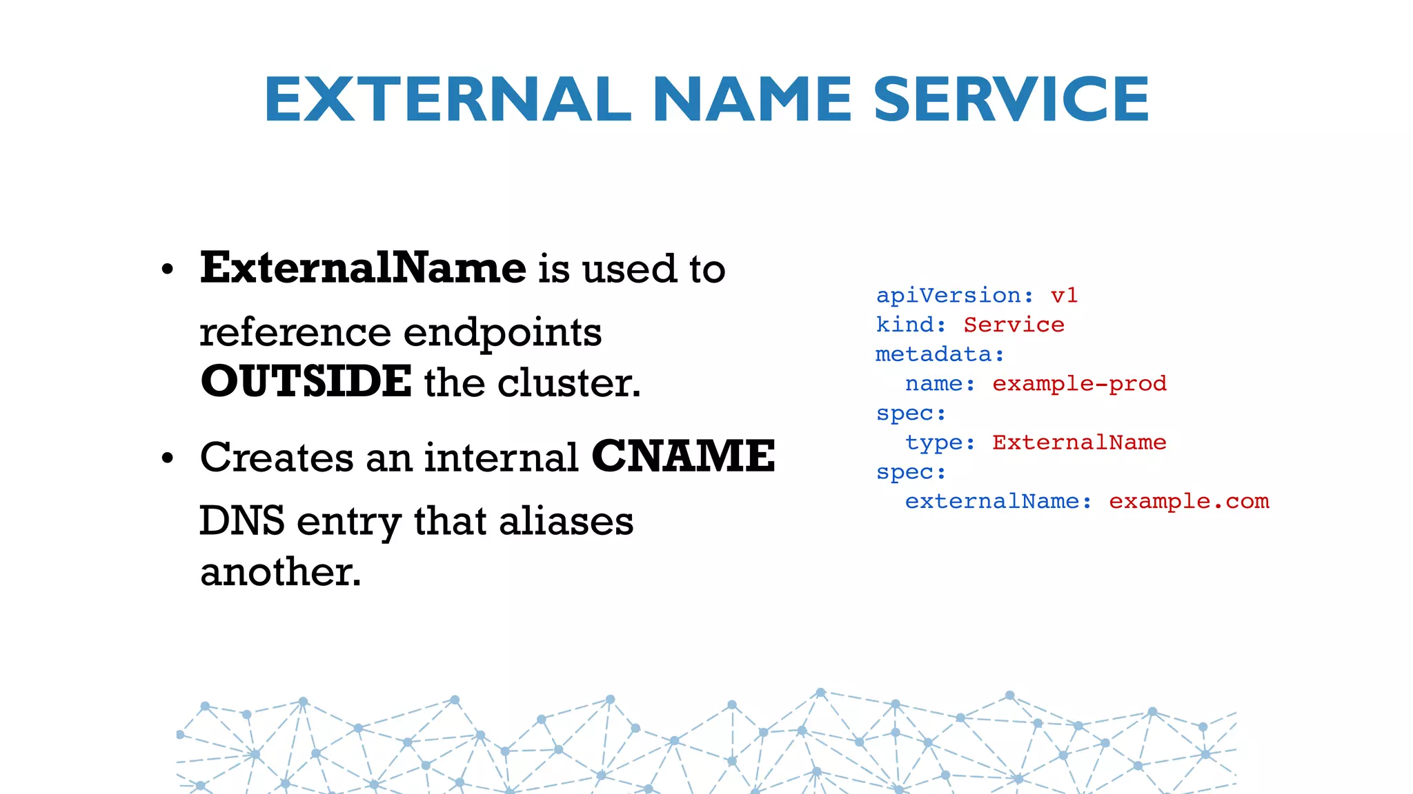 EXTERNAL NAME SERVICE
• ExternalName is used to
reference endpoints
OUTSIDE the cluster.
• Creates an internal CNAME
DNS entry that aliases
another.
apiVersion: v1
kind: Service
metadata:
  name: example-prod
spec:
  type: ExternalName
spec:
  externalName: example.com
 