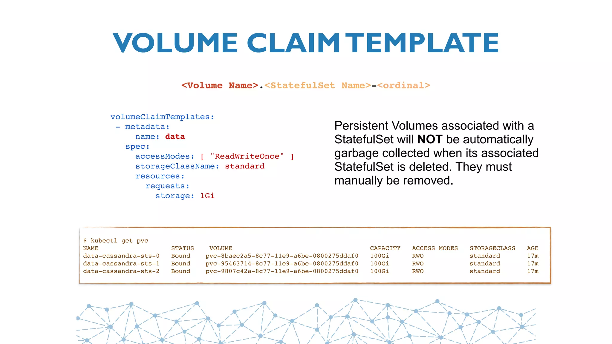 VOLUME CLAIMTEMPLATE
<Volume Name>.<StatefulSet Name>-<ordinal>
 volumeClaimTemplates:
  - metadata:
      name: data
    spec:
      accessModes: [ "ReadWriteOnce" ]
      storageClassName: standard
      resources:
        requests:
          storage: 1Gi
Persistent Volumes associated with a
StatefulSet will NOT be automatically
garbage collected when its associated
StatefulSet is deleted. They must
manually be removed.
$ kubectl get pvc
NAME                STATUS    VOLUME                                    CAPACITY   ACCESS MODES   STORAGECLASS   AGE
data-cassandra-sts-0 Bound pvc-8baec2a5-8c77-11e9-a6be-0800275ddaf0 100Gi RWO standard 17m
data-cassandra-sts-1 Bound pvc-95463714-8c77-11e9-a6be-0800275ddaf0 100Gi RWO standard 17m
data-cassandra-sts-2 Bound pvc-9807c42a-8c77-11e9-a6be-0800275ddaf0 100Gi RWO standard 17m
 