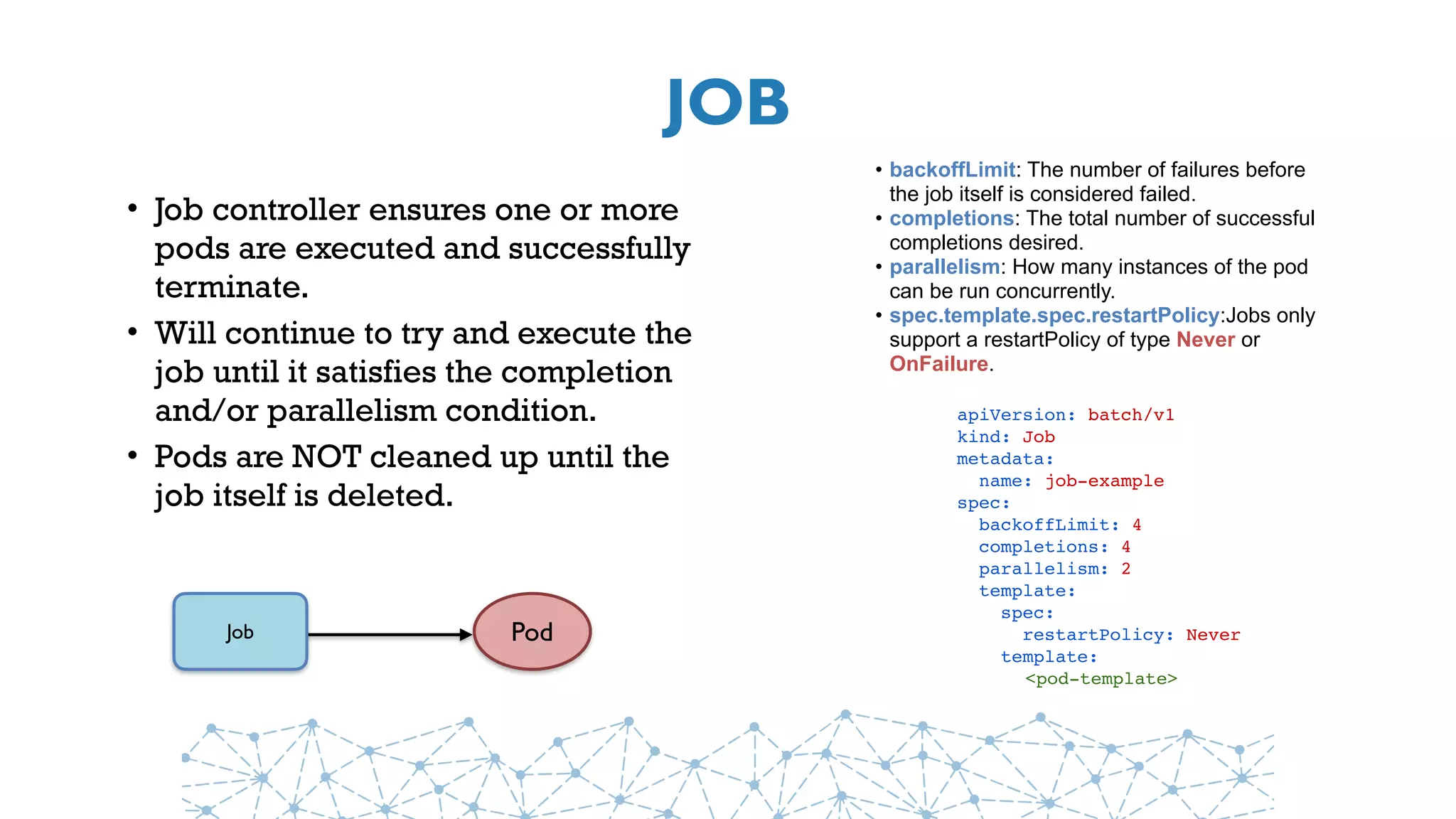 JOB
• Job controller ensures one or more
pods are executed and successfully
terminate.
• Will continue to try and execute the
job until it satisfies the completion
and/or parallelism condition.
• Pods are NOT cleaned up until the
job itself is deleted.
PodJob
apiVersion: batch/v1
kind: Job
metadata:
  name: job-example
spec:
  backoffLimit: 4
  completions: 4
  parallelism: 2
  template:
    spec:
      restartPolicy: Never
    template:
    <pod-template>
• backoffLimit: The number of failures before
the job itself is considered failed.
• completions: The total number of successful
completions desired.
• parallelism: How many instances of the pod
can be run concurrently.
• spec.template.spec.restartPolicy:Jobs only
support a restartPolicy of type Never or
OnFailure.
 