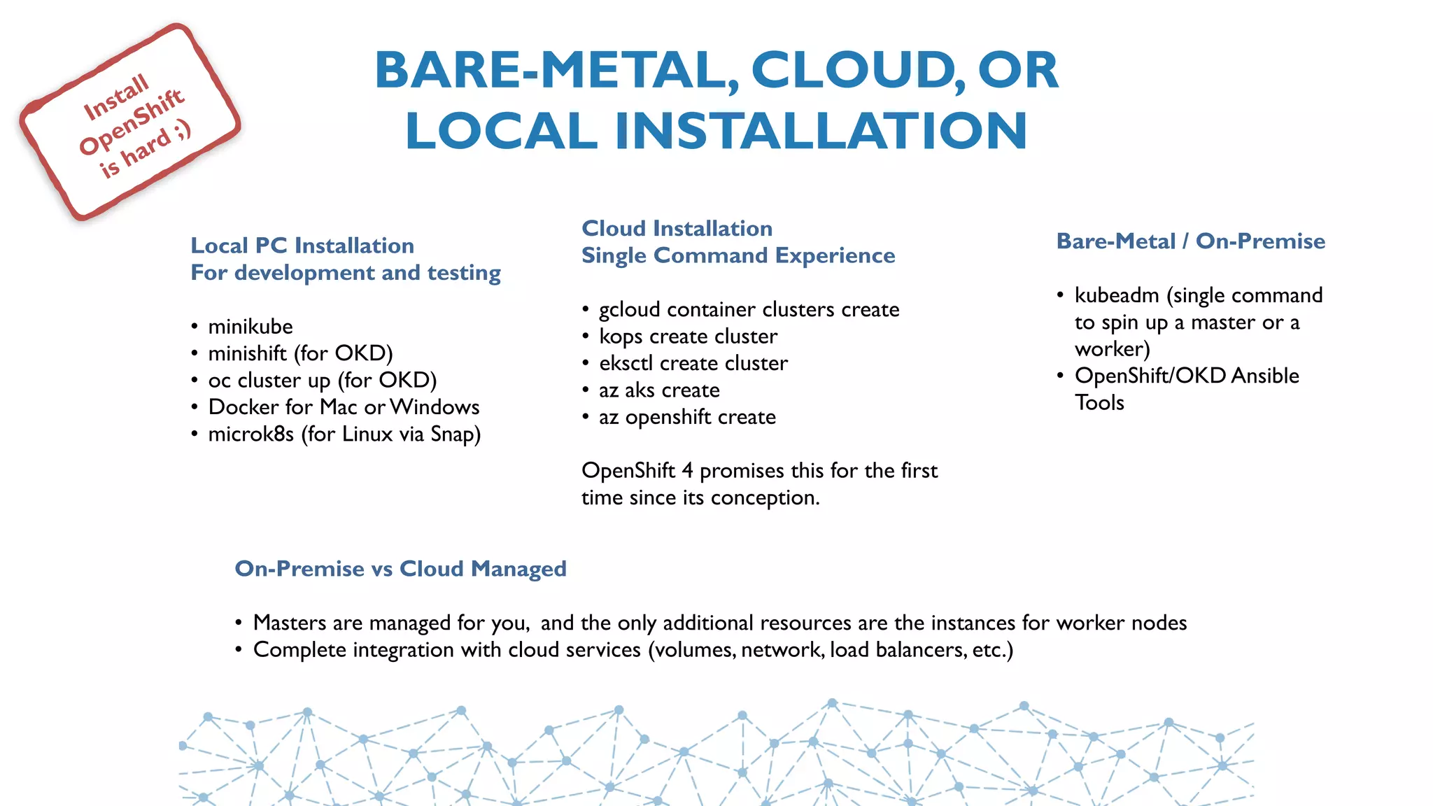 BARE-METAL, CLOUD, OR 
LOCAL INSTALLATION
Install
OpenShift
is hard ;)
Local PC Installation 
For development and testing
• minikube
• minishift (for OKD)
• oc cluster up (for OKD)
• Docker for Mac or Windows
• microk8s (for Linux via Snap)
Cloud Installation 
Single Command Experience
• gcloud container clusters create
• kops create cluster
• eksctl create cluster
• az aks create
• az openshift create
OpenShift 4 promises this for the first
time since its conception.
Bare-Metal / On-Premise
• kubeadm (single command
to spin up a master or a
worker)
• OpenShift/OKD Ansible
Tools
On-Premise vs Cloud Managed
• Masters are managed for you, and the only additional resources are the instances for worker nodes
• Complete integration with cloud services (volumes, network, load balancers, etc.)
 