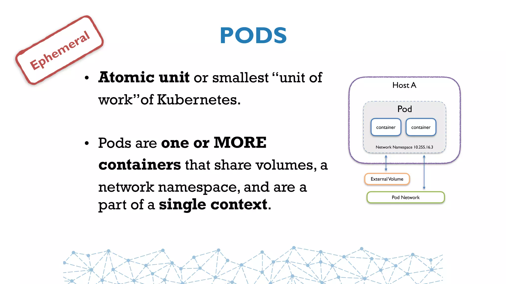 PODS
• Atomic unit or smallest “unit of
work”of Kubernetes.
• Pods are one or MORE
containers that share volumes, a
network namespace, and are a
part of a single context.
Host A
Pod
ExternalVolume
container container
Network Namespace 10.255.16.3
Pod Network
Ephemeral
 