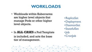 WORKLOADS
• Workloads within Kubernetes
are higher level objects that
manage Pods or other higher
level objects.
• In ALL CASES a Pod Template
is included, and acts the base
tier of management.
•ReplicaSet
•Deployment
•DaemonSet
•StatefulSet
•Job
•CronJob
 
