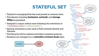 STATEFUL SET
• Tailored to managing Pods that must persist or maintain state.
• Pod identity including hostname, network, and storage
WILL be persisted.
• Assigned a unique ordinal name following the convention of
‘<statefulset name>-<ordinal index>’.
• Naming convention is also used in Pod’s network Identity and
Volumes.
• Pod lifecycle will be ordered and follow consistent patterns.
• Revisions are managed via a controller-revision-hash label.
Pod
apiVersion: apps/v1
kind: StatefulSet
metadata:
  name: sts-cassandra
spec:
  replicas: 3
  selector:
    matchLabels:
      app: cassandra
  serviceName: cassandra
  updateStrategy:
   type: RollingUpdate
   rollingUpdate:
     partition: 0
  template:
    metadata:
      labels:
        app: cassandra
    spec:
      containers:
      - name: cassandra-node
        image: cassandra:3.11.4
        env:
        - name: CASSANDRA_SEEDS
        value: sts-cassandra-0.cassandra
        - name: CASSANDRA_CLUSTER_NAME
        value: my-cluster
        ports:
        - containerPort: 7000
        - containerPort: 7199
        - containerPort: 9042
        volumeMounts:
        - name: data
          mountPath: /cassandra_data
  volumeClaimTemplates:
  - metadata:
      name: data
    spec:
      accessModes: [ "ReadWriteOnce" ]
      storageClassName: standard
      resources:
        requests:
          storage: 100Gi
The name of the
associated headless service;
or a service without a
ClusterIP
Pods with an
ordinal greater than the
partition value will be
updated one-by-one in
reverse order
StatefulSet
Template of the
persistent volume(s)
request to use for each
instance of the
StatefulSet.
 
