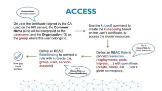 ACCESS
On user the certificate (signed by the CA
used on the API server), the Common
Name (CN) will be interpreted as the
username, and the Organization (O) as
the group where this user belongs to.
Use the kubectl command to
create the kubeconfig based
on the user’s certificate, to
access the cluster resources.
Define an RBAC Role to
connect resources
(deployments, pods,
ingress, …) with operations
(create, delete, list, …) on a
given namespace.
Define an RBAC
RoleBinding to connect a
role with subjects (i.e.
group, user, service-
account)
Use a
ClusterRole for
cluster wide access
For a
ClusterRole use
ClusterRoleBinding
Now you
have
access!
cluster-admin
O=system:masters
 