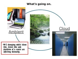What’s going on.




                                                 Cloud
      Ambient

                               EcoSystem
•It’s changing while client
 side, server side and
 platform as a center are
 affecting mutually.
                                                         10
 