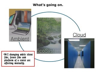 What’s going on.




                                                 Cloud
      Ambient

                               EcoSystem
•It’s changing while client
 side, server side and
 platform as a center are
 affecting mutually.
                                                         15
 