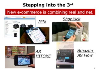 Stepping into the 3rd
New e-commerce is combining real and net.
                          ShopKick
              Milo




             AR                  Amazon
             HITOKE              A9 Flow


                                            35
 