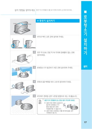 설치 방법을 알아두세요 충전기의 전원플러그를 꽂기전에 아래의 순서에 따르세요.
                                                          로
                                                          봇
                     ■ 충전기 설치하기
전원램프
          충전램프
                                                          청
                                                          소
                                                          기
                 1   바닥과 벽이 고른 곳에 설치해 주세요.                설
                                                          치
                                                          하
                                                          기
                 2   좌우 약 0.5M, 전방 약 1M 주위에 장애물이 없는 곳에
                     설치하세요.




                                                         설치
                 3   로봇청소기가 발견하기 쉬운 곳에 설치하여 주세요.




                 4   전원코드를 벽면을 따라 고르게 정리하여 주세요.




                 5   바닥재가 원목일 경우 나뭇결 방향으로 하는 게 좋습니다.

                           충전기의 전원플러그는 항상 꽂아 두도록 하세요.
                           ●   충전기에 전원이 공급되지
                               않으면 로봇청소기가
                               충전기를 찾지 못해
                               자동충전할 수 없습니다.
                           ●   충전기에서 로봇청소기를 분리해 놓을 경우
                               자연방전 됩니다.




                                                         17
 