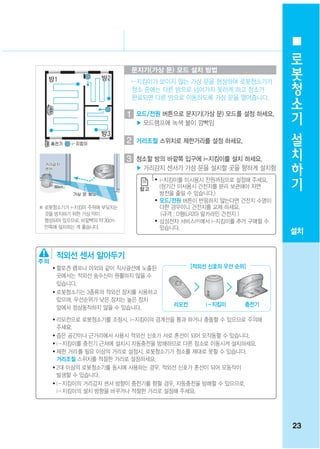 로
                           문지기(가상 문) 모드 설치 방법
                                                                       봇
                               i-지킴이가 보이지 않는 가상 문을 형성하여 로봇청소기가         청
                               청소 중에는 다른 방으로 넘어가지 못하게 하고 청소가
                               완료되면 다른 방으로 이동하도록 가상 문을 열어줍니다.
                                                                       소
                           1   모드/전원 버튼으로 문지기(가상 문) 모드를 설정 하세요.
                                                                       기
                               ▶ 모드램프에 녹색 불이 깜빡임
                                                                       설
                           2   거리조절 스위치로 제한거리를 설정 하세요.
                                                                       치
                           3   청소할 방의 바깥쪽 입구에 i-지킴이를 설치 하세요.           하
                               ▶ 거리감지 센서가 가상 문을 설치할 곳을 향하게 설치함
                                    ●   i-지킴이를 미사용시 전원꺼짐으로 설정해 주세요.
                                                                       기
                                        (장기간 미사용시 건전지를 분리 보관해야 자연
                                        방전을 줄일 수 있습니다.)
                                    ●   모드/전원 버튼이 반응하지 않는다면 건전지 수명이
※ 로봇청소기가 i-지킴이 주위에 부딪치는                 다한 경우이니 건전지를 교체 하세요.
  것을 방지하기 위한 가상 막이                       (규격 : D형(LR20) 알카라인 건전지 )
  형성되어 있으므로, 바깥벽의 약 30cm            ●   삼성전자 서비스㈜에서 i-지킴이를 추가 구매할 수
  안쪽에 설치하는 게 좋습니다.                      있습니다.
                                                                      설치


        적외선 센서 알아두기
    ● 할로겐 램프나 야외와 같이 직사광선에 노출된                   [적외선 신호의 우선 순위]
      곳에서는 적외선 송수신이 원활하지 않을 수
      있습니다.
    ● 로봇청소기는 3종류의 적외선 장치를 사용하고

      있으며, 우선순위가 낮은 장치는 높은 장치
                                           리모컨       i -지킴이    충전기
      앞에서 정상동작하지 않을 수 있습니다.
    ● 리모컨으로 로봇청소기를 조정시, i-지킴이의 경계선을 통과 하거나 충돌할 수 있으므로 주의해
      주세요.
    ● 좁은 공간이나 근거리에서 사용시 적외선 신호가 서로 혼선이 되어 오작동할 수 있습니다.

    ● i -지킴이를 충전기 근처에 설치시 자동충전을 방해하므로 다른 장소로 이동시켜 설치하세요.

    ● 제한 거리를 필요 이상의 거리로 설정시, 로봇청소기가 청소를 제대로 못할 수 있습니다.

      거리조절 스위치를 적절한 거리로 설정하세요.
    ● 2대 이상의 로봇청소기를 동시에 사용하는 경우, 적외선 신호가 혼선이 되어 오동작이

      발생할 수 있습니다.
    ● i -지킴이의 거리감지 센서 방향이 충전기를 향할 경우, 자동충전을 방해할 수 있으므로,

      i -지킴이의 설치 방향을 바꾸거나 적절한 거리로 설정해 주세요.




                                                                      23
 