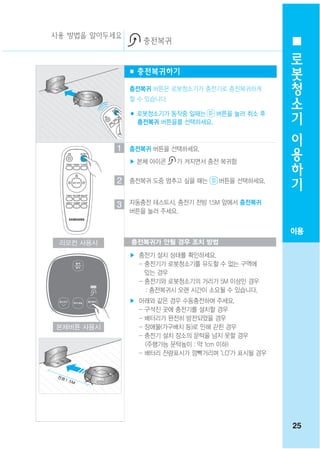 사용 방법을 알아두세요
                  충전복귀
                                                   로
                                                   봇
               ■ 충전복귀하기
                                                   청
               충전복귀 버튼은 로봇청소기가 충전기로 충전복귀하게
               할 수 있습니다.
                                                   소
               ■ 로봇청소기가 동작중 일때는   버튼을 눌러 취소 후
                                                   기
                 충전복귀 버튼을를 선택하세요.
                                                   이
           1   충전복귀 버튼을 선택하세요.
                                                   용
               ▶ 본체 아이콘    가 켜지면서 충전 복귀함           하
           2   충전복귀 도중 멈추고 싶을 때는    버튼을 선택하세요.
                                                   기

           3   자동충전 테스트시, 충전기 전방 1.5M 앞에서 충전복귀
               버튼을 눌러 주세요.


                                                  이용
 리모컨 사용시       충전복귀가 안될 경우 조치 방법

               ▶ 충전기 설치 상태를 확인하세요.
                 - 충전기가 로봇청소기를 유도할 수 없는 구역에
                   있는 경우
                 - 충전기와 로봇청소기의 거리가 5M 이상인 경우
                   : 충전복귀시 오랜 시간이 소요될 수 있습니다.
               ▶ 아래와 같은 경우 수동충전하여 주세요.
                 - 구석진 곳에 충전기를 설치할 경우
                 - 배터리가 완전히 방전되었을 경우
본체버튼 사용시         - 장애물(가구배치 등)로 인해 갇힌 경우
                 - 충전기 설치 장소의 문턱을 넘지 못할 경우
                   (주행가능 문턱높이 : 약 1cm 이하)
                 - 배터리 잔량표시가 깜빡거리며 "LO"가 표시될 경우




                                                  25
 