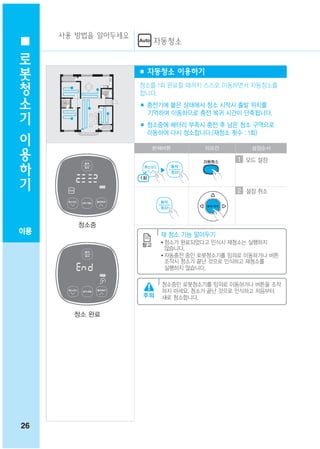 사용 방법을 알아두세요
                       자동청소
 로
 봇
                    ■ 자동청소 이용하기
 청                  청소를 1회 완료할 때까지 스스로 이동하면서 자동청소를
 소                  합니다.

 기                  ■ 충전기에 붙은 상태에서 청소 시작시 출발 위치를
                      기억하며 이동하므로 충전 복귀 시간이 단축됩니다.

 이                  ■ 청소중에 배터리 부족시 충전 후 남은 청소 구역으로
                      이동하여 다시 청소합니다.(재청소 횟수 : 1회)
 용                    본체버튼        리모컨         설정순서

 하                                        1 모드 설정

 기                      ▶

                                          2 설정 취소




        청소중
이용                      재 청소 기능 알아두기
                        ● 청소가 완료되었다고 인식시 재청소는 실행하지
                          않습니다.
                        ● 자동충전 중인 로봇청소기를 임의로 이동하거나 버튼

                          조작시 청소가 끝난 것으로 인식하고 재청소를
                          실행하지 않습니다.

                        청소중인 로봇청소기를 임의로 이동하거나 버튼을 조작
                        하지 마세요. 청소가 끝난 것으로 인식하고 처음부터
                        새로 청소합니다.

       청소 완료




26
 